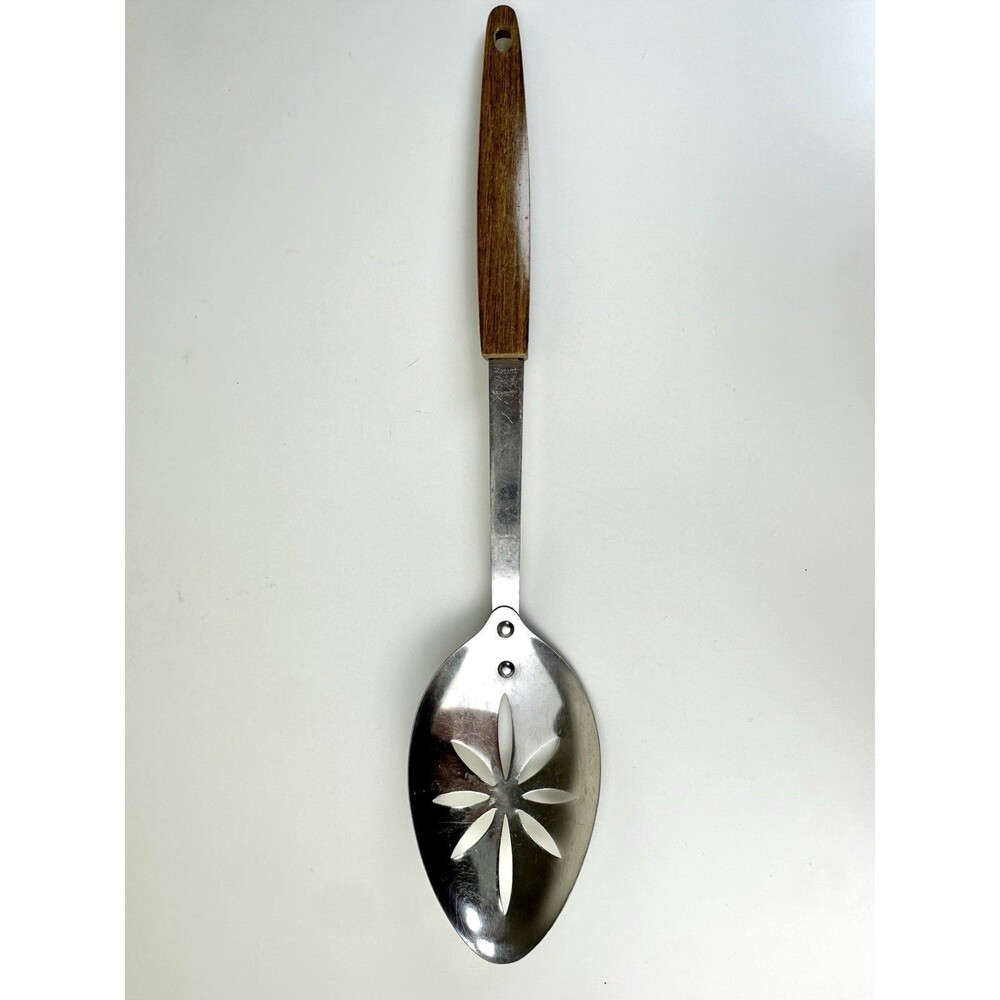 Vintage Regent MCM Stainless Steel Slotted Spoon with faux wood Plastic Handle
